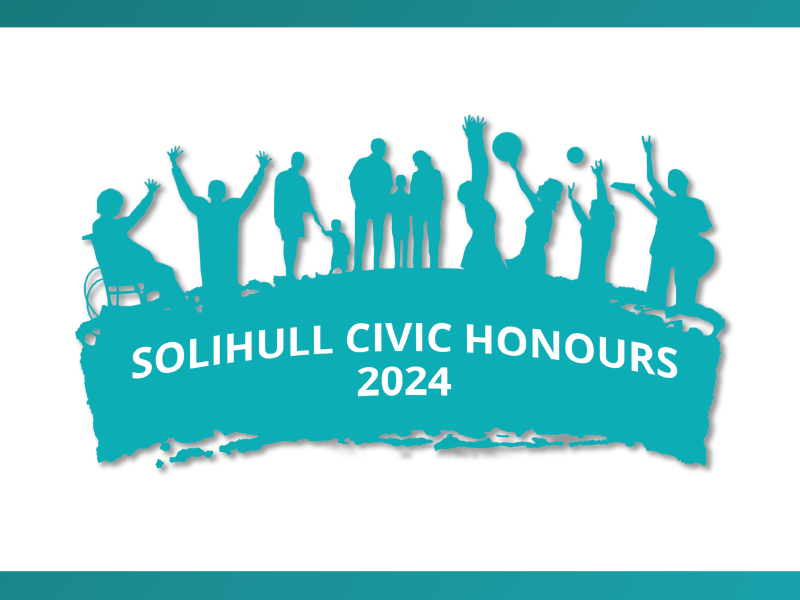 A turquoise banner with the silhouettes of people celebrating that reads "Solihull Civic Honours 2024"