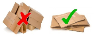 image of cardboard box flattened with a tick and image of cardboard box not flattened with cross