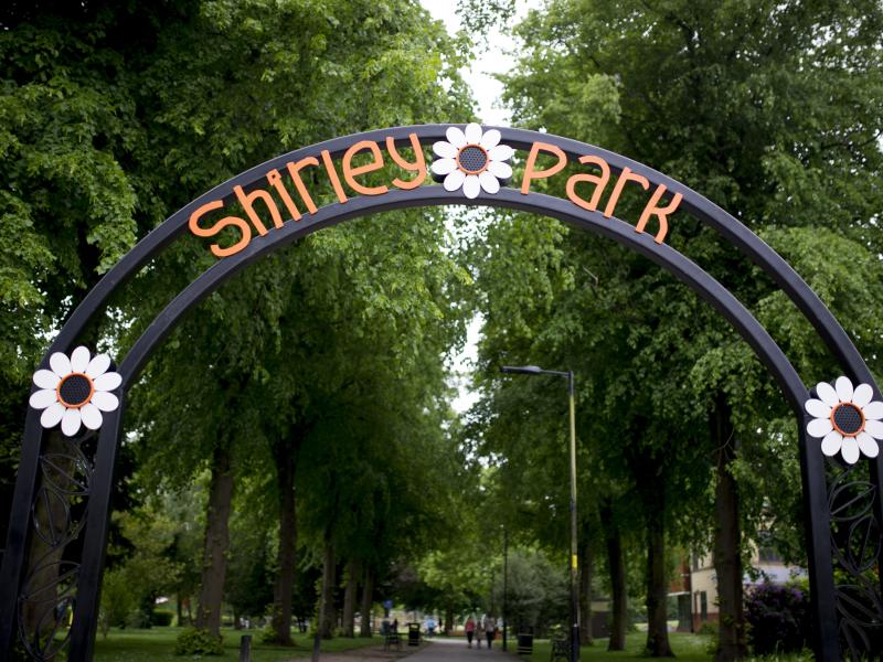 Metal entrance to Shirley Park