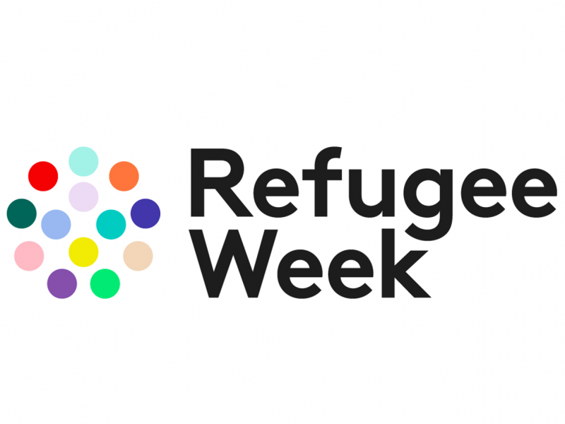 Text: Refugee Week. Image: circle made up of multicoloured dots