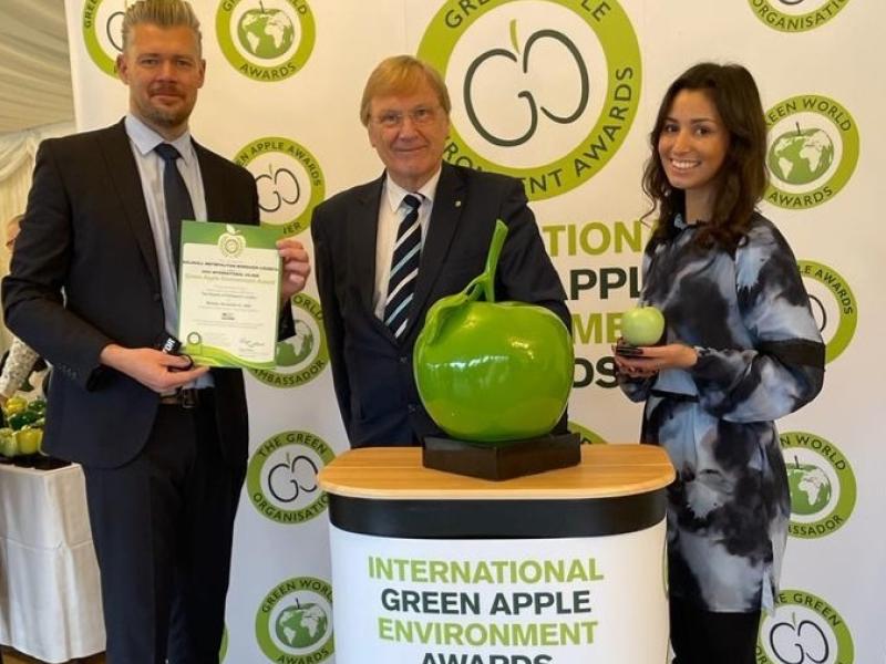 Chris Barr, Cllr Ian Courts and Shameena Villars with the Planting Our Future Green Apple Award