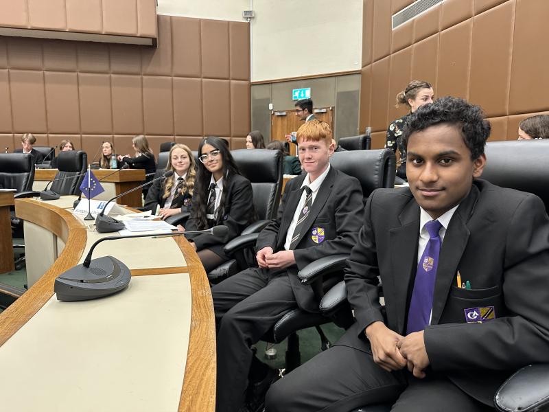 Grace Academy students representing the European Union at the Solihull Schools Climate Conference, in the Council Chamber.