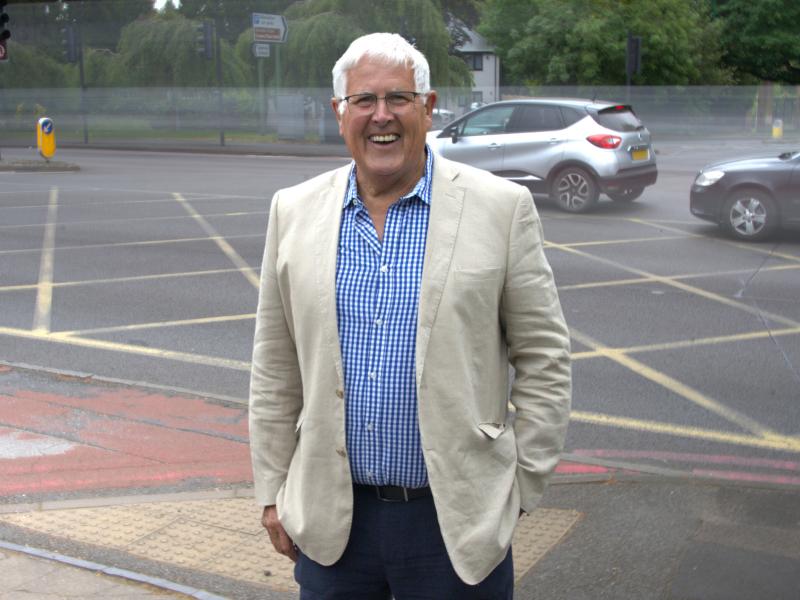 Cllr Hawkins promoting the moving traffic enforcement powers consultation at the  B4102 Warwick Road/New Road junction 