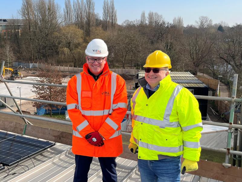  (Left) Simon, Jones: Regional Manager, Vital Energi (Right) Cllr Andy Councillor Andy Mackiewicz: Solihull Council, Portfolio Holder for Climate Change and Planning, overlooking the new energy centre site in Solihull.