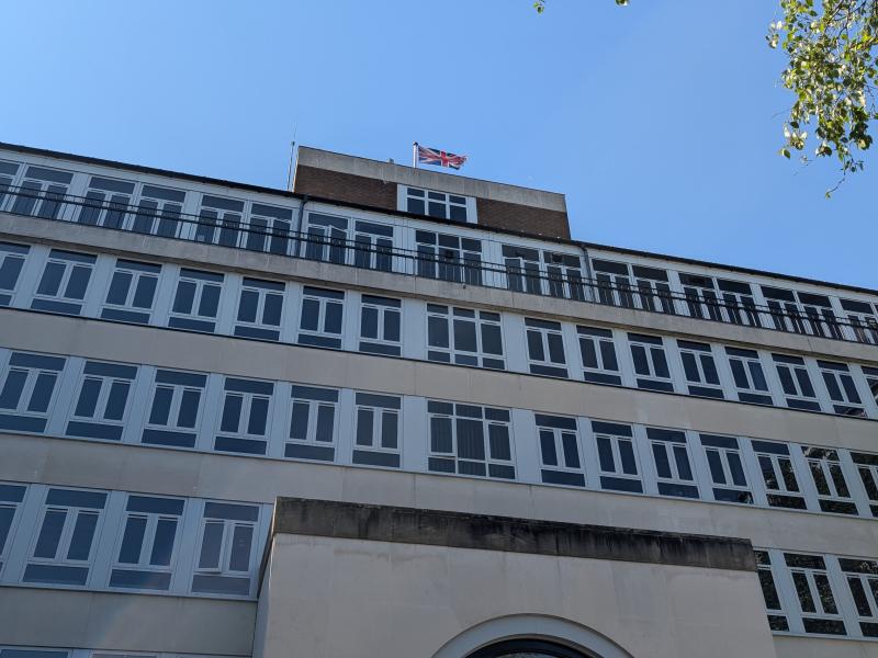 Alt text: The Union Jack flying on Church Hill House  