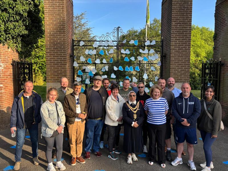 Attendees at the event including Cllr Grinsell, the Mayor of Solihull (centre of front row), Danny Smith (grey hoodie on second row) and members of the men walking and talking group  