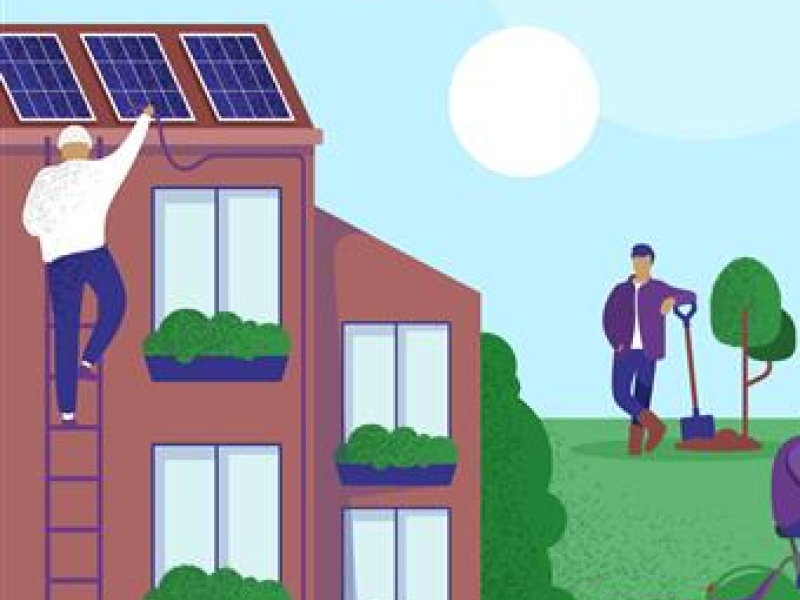 Illustration of house with solar panels with person on ladder
