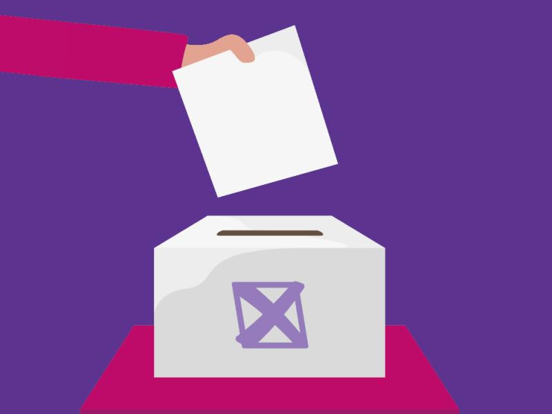 A graphic of a hand putting a ballot paper into a ballot box