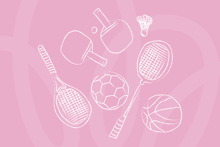 Chalk style drawing of sports equipment on pink background
