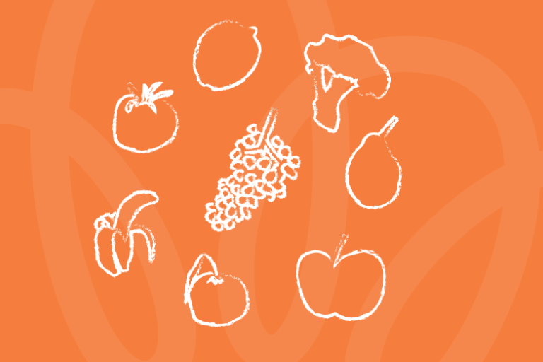 Chalk style drawing of fruit and vegetables on orange background