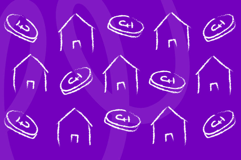 Chalk style drawing of houses and money symbols on purple background