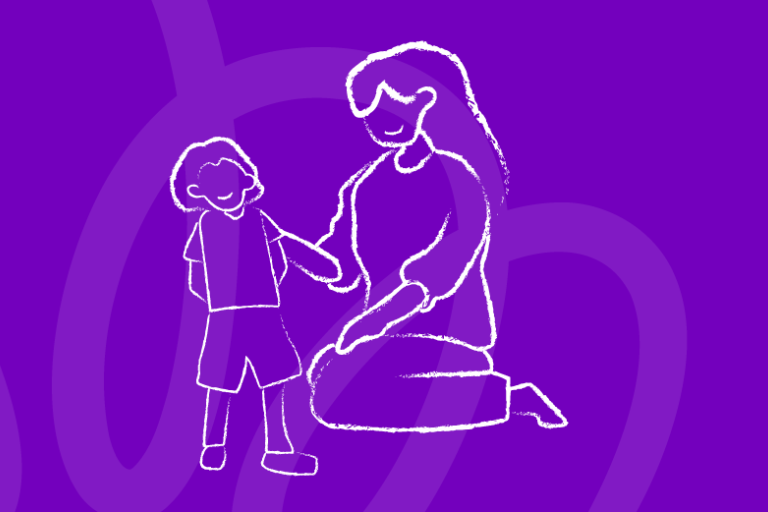 Chalk style drawing of mother and child on purple background