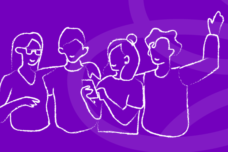Chalk style drawing of young people on purple background