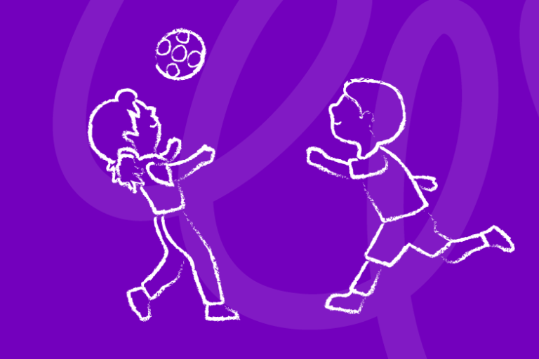 Chalk style drawing of children playing football on purple background
