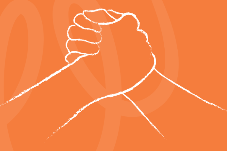 Chalk style drawing of grasping hands on orange background