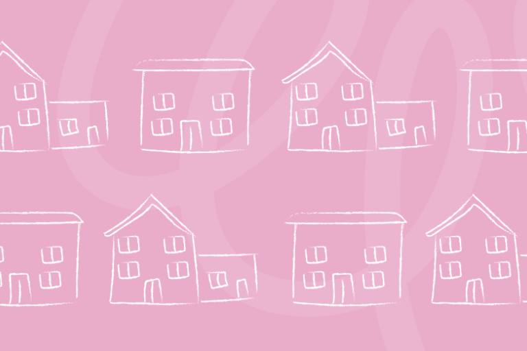 Chalk style drawings of houses on pink background