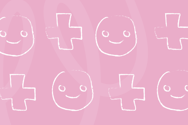 Chalk style drawings on smiley faces on pink background