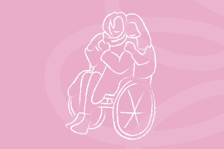 Chalk style drawing of young girl supporting person in a wheelchair
