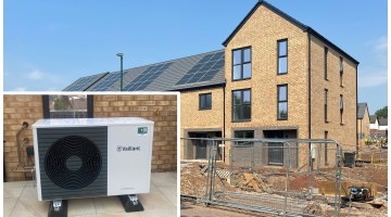 Photo of new housing on the Mountfort site with Solar pv panels and an air source heat pump 