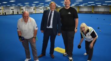 (left to right) Club member George Donaldson, Solihull Council Leader and Cabinet Member for Business and Economy Cllr Ian Courts, Solihull Indoor Bowls Club Managing Director Tom Millership, and club director Margaret Priddey