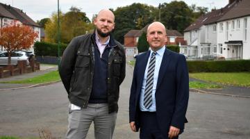 Andy Duke, Head of Asset Management and Development (Interim) at SCH and Solihull Council’s Cabinet Member for Housing, Councillor Mark Parker, on Lyndon Croft in Marston Green, where homes have benefited from external wall insulation