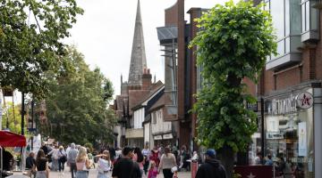 Solihull High Street facing towards St Alphege Church and Touchwood