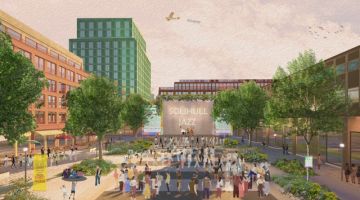 A CGI image of what Mell Square could look like including buildings, trees and people.
