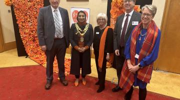 Speakers at the 16 Days launch event (l-r): Councillor Courts, leader of Solihull Council; Councillor Ashraf, Mayor of Solihull; Ann Keepax, Siroptomist; Paul Johnson, Chief Executive of Solihull Council; Ruth Tennant, Solihull Council Director of Public Health