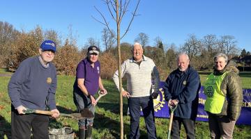 Four members of the St Alphege Rotary Club and Cllr Hawkins planting a celebration tree in Malvern Park