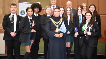  Students from Lyndon School with The Mayor of Solihull Councillor Shahin Ashraf MBE, Leader of Solihull Council Councillor Ian Courts, Cabinet member for climate change and planning Councillor Andy Mackiewicz and InterClimate Network's Michila Critchley