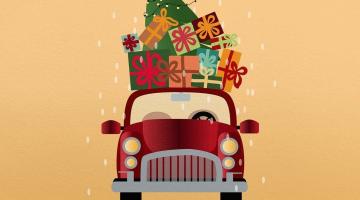 Picture of car with presents and a Christmas tree