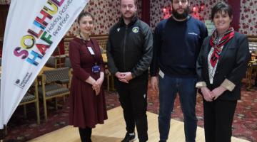 Left to right: Councillor Wazma Qais - Cabinet Member for Communities, Joe Butler -Solihull Moors Foundation, Khaled Ayad - Robocode and Councillor Karen Grinsell - Cabinet Member for Children’s Services and Deputy Leader