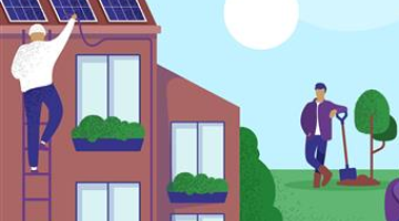 Illustration of house with solar panels with person on ladder