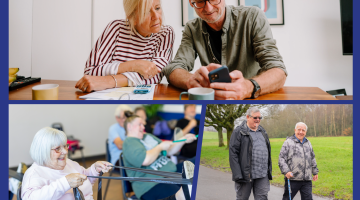 Images of people walking, exercising and looking at a phone