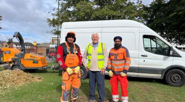 Cllr Ken Hawkins, Cabinet Member for Environment and Infrastructure (middle) joined by contractors from Haystoun Construction Ltd at Kingshurst Park.