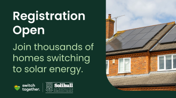 a promotional poster for switch together solar which shows an image of a red-brick house with solar panels on its roof in the right side of the image, then on the left there is text on a dark green background which reads "Registration open. Join thousands of homes switching to solar energy."