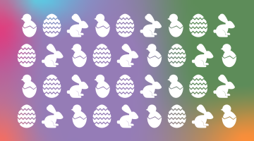 Colourful Easter graphic with bunnies, chicks and eggs