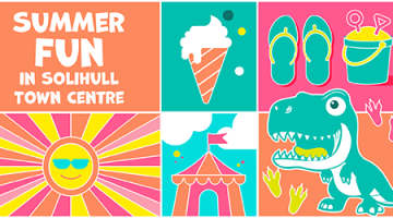 Colourful summer graphic featuring ice-cream, flip flops, the sun, bucket and spade along with the text 'summer fun in Solihull town centre'