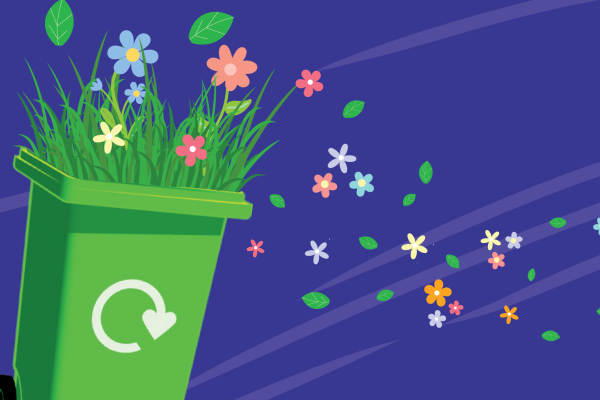 Graphic of flowers blowing out of a green wheelie bin on a blue background