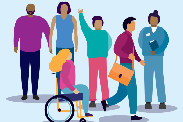 Graphic of a mix of people on a sky blue background