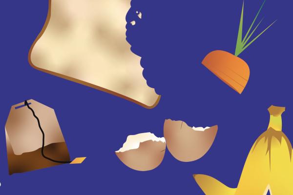 Graphic of different types of food waste on a blue background