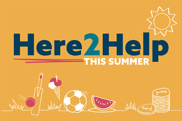 Here2Help this summer banner on a gold background
