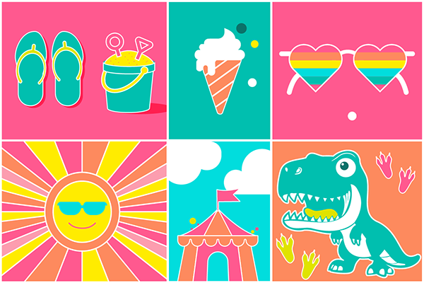 Collage of summer related activities such as ice cream, sunglasses and a fairground