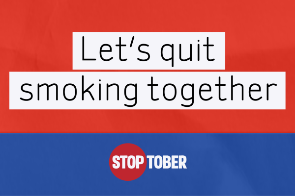 'Let's quit smoking together' in black text on a white background in front of a red and blue background
