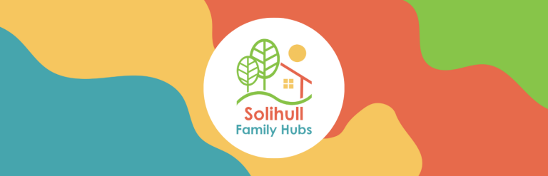 Solihull Family Hubs logo across coloured background