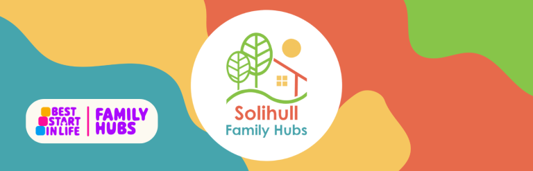 Solihull Family Hubs logo across coloured background