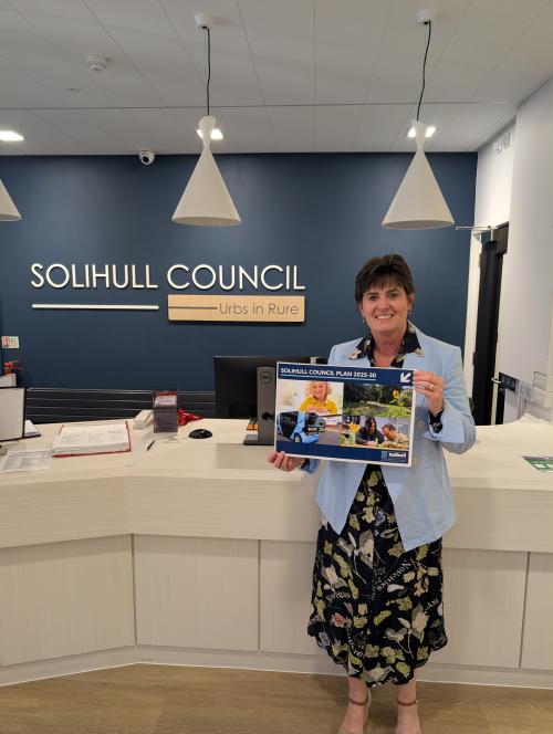 Cllr Karen Grinsell - Leader of Solihull Council holding the Council Plan 2025-2030.