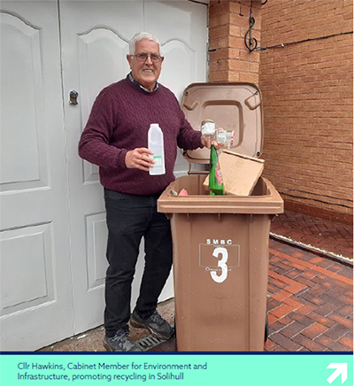 photo of Cllr Hawkins, Cabinet Member for Environment and Infrastructure, promoting recycling in Solihull