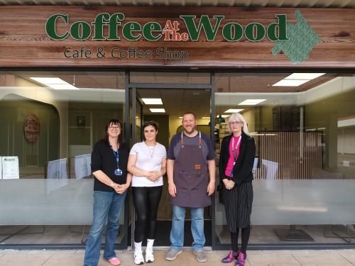 Rebecaa, Taylor, Al and Cllr Delaney in front of the cafe