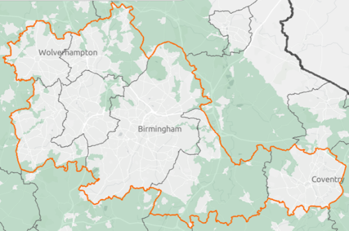 A map of the West Midlands area